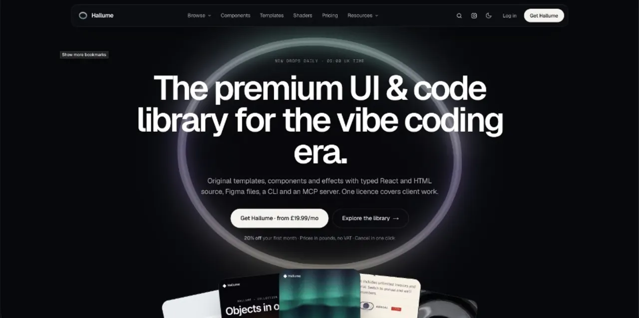 Hallume homepage: product hero, Get Hallume and Explore the library, with library previews below.