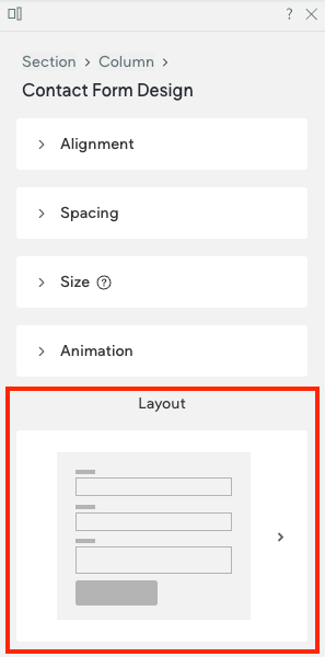 Design panel for the contact form widget is open with the section where layout is selected outlined in red.