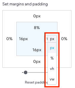 Dropdown menu that allows you to select from px, %, vh, or vw.