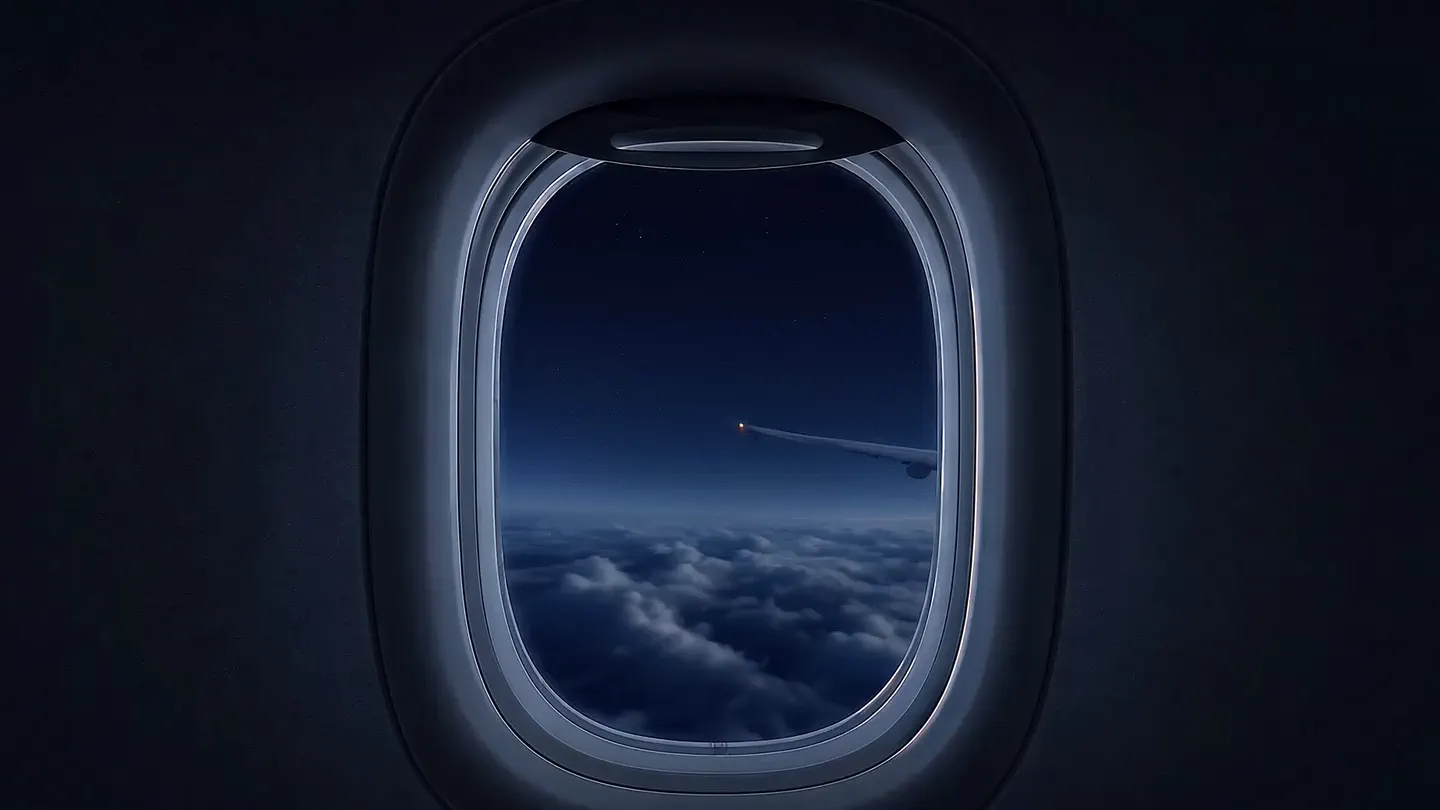 Atmospheric night sky through airplane window descending to city lights